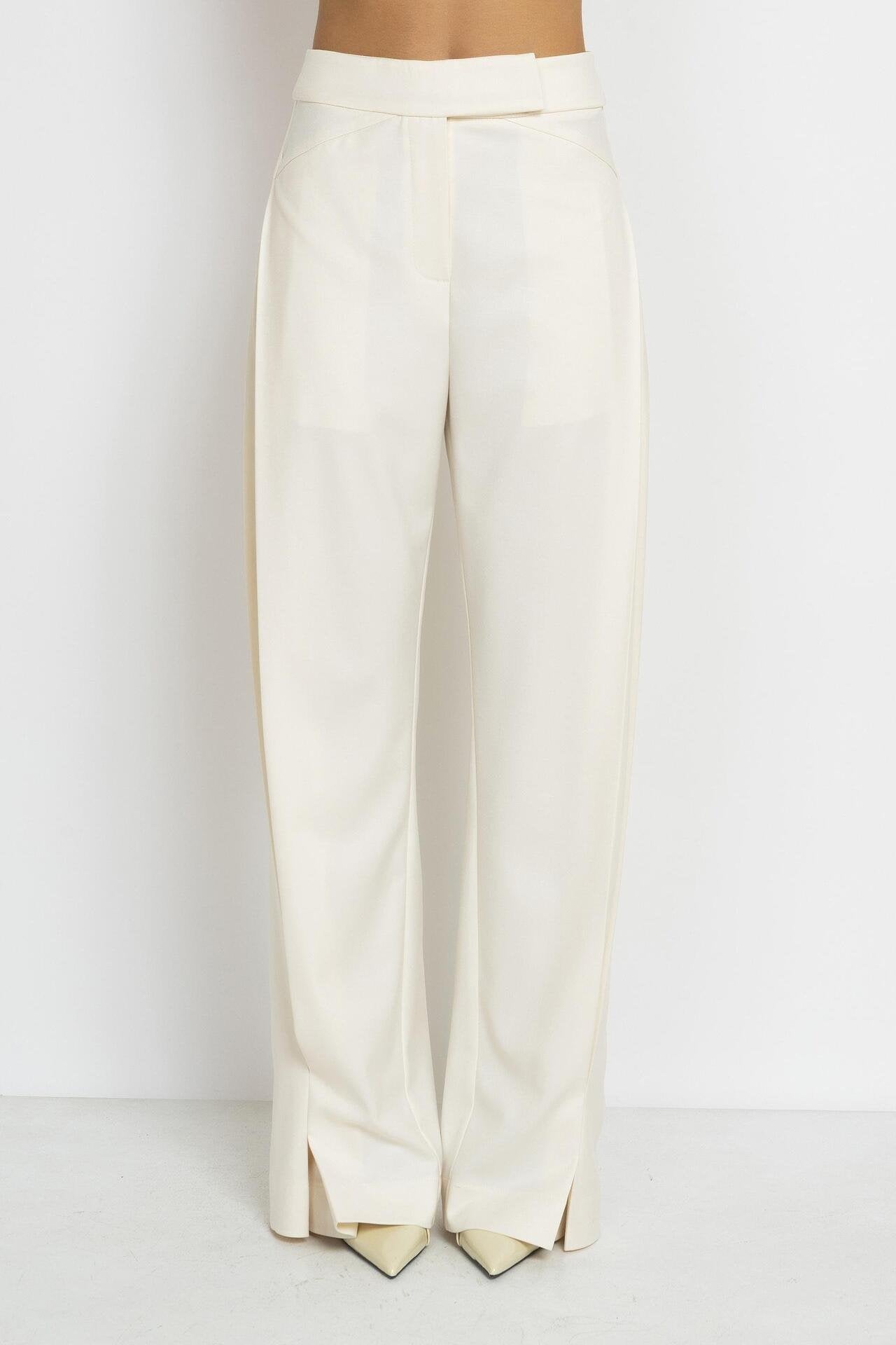 Ecru Wide-Leg Trousers with Asymmetrical Pleats