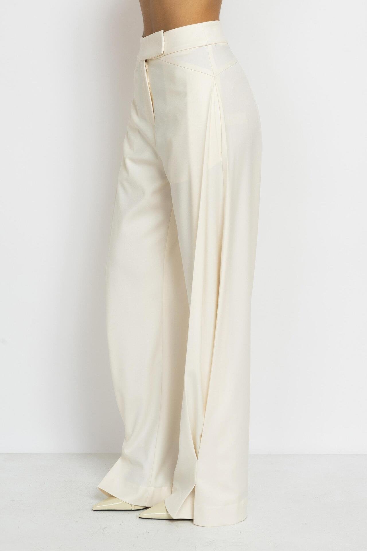 Ecru Wide-Leg Trousers with Asymmetrical Pleats