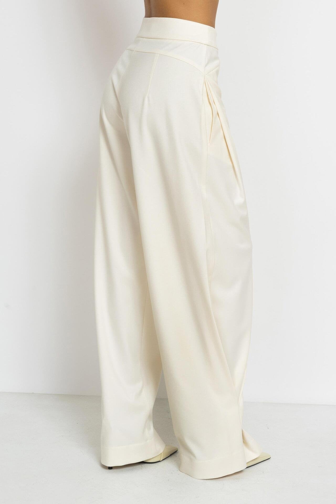 Ecru Wide-Leg Trousers with Asymmetrical Pleats