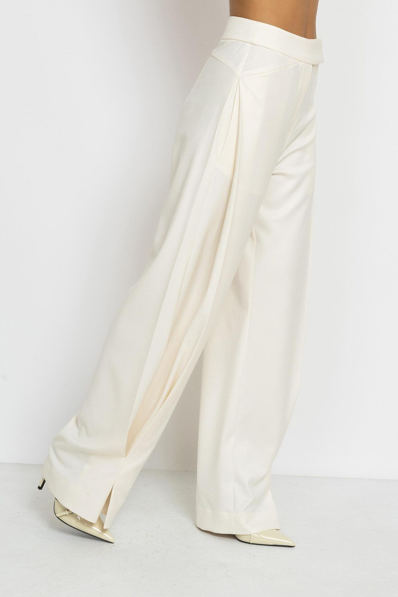 Ecru Wide-Leg Trousers with Asymmetrical Pleats