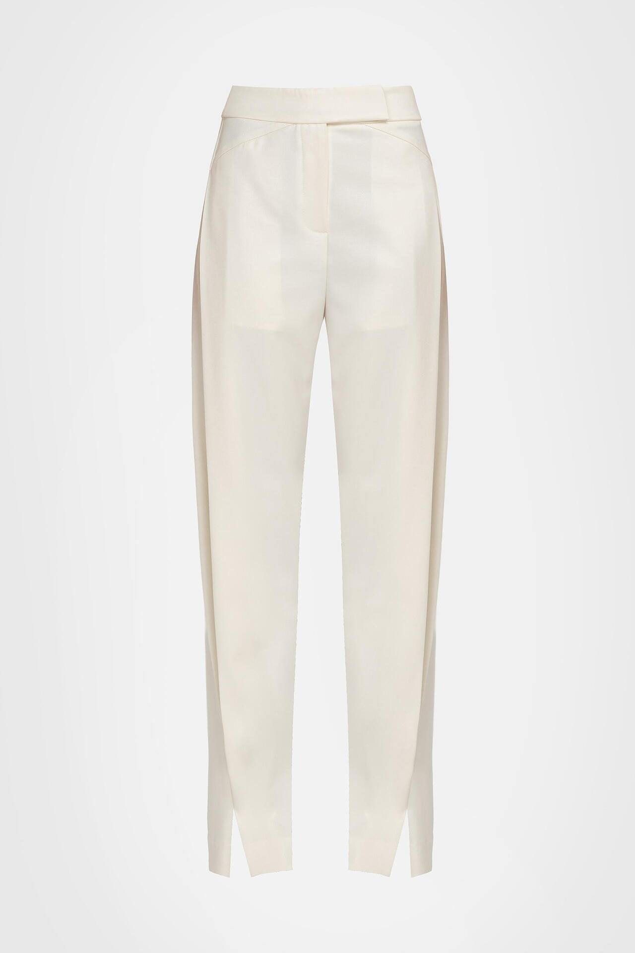Ecru Wide-Leg Trousers with Asymmetrical Pleats