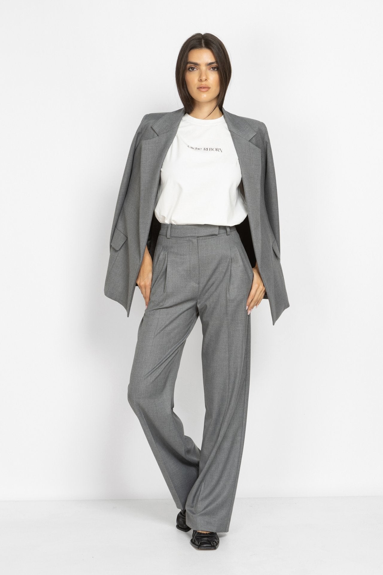 Wide-Leg Pleated Trousers in Grey