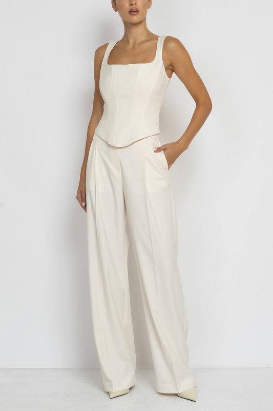 Ecru Wide-Leg Pleated Trousers