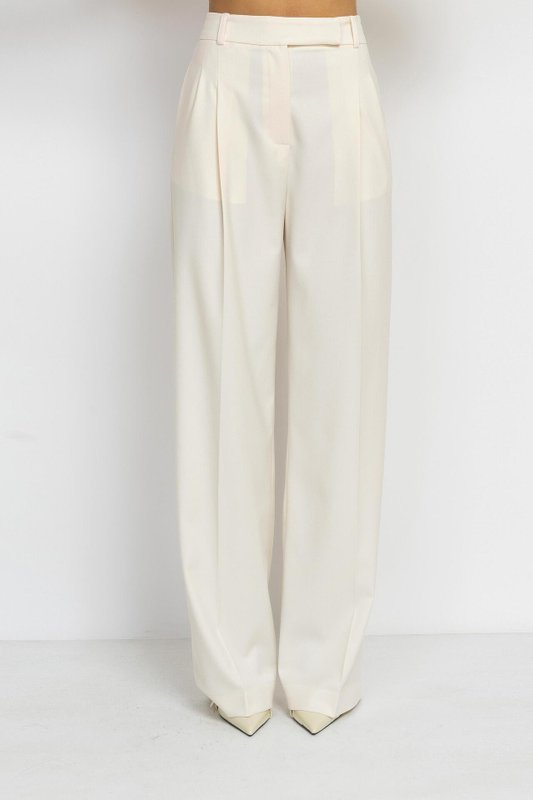 Ecru Wide-Leg Pleated Trousers