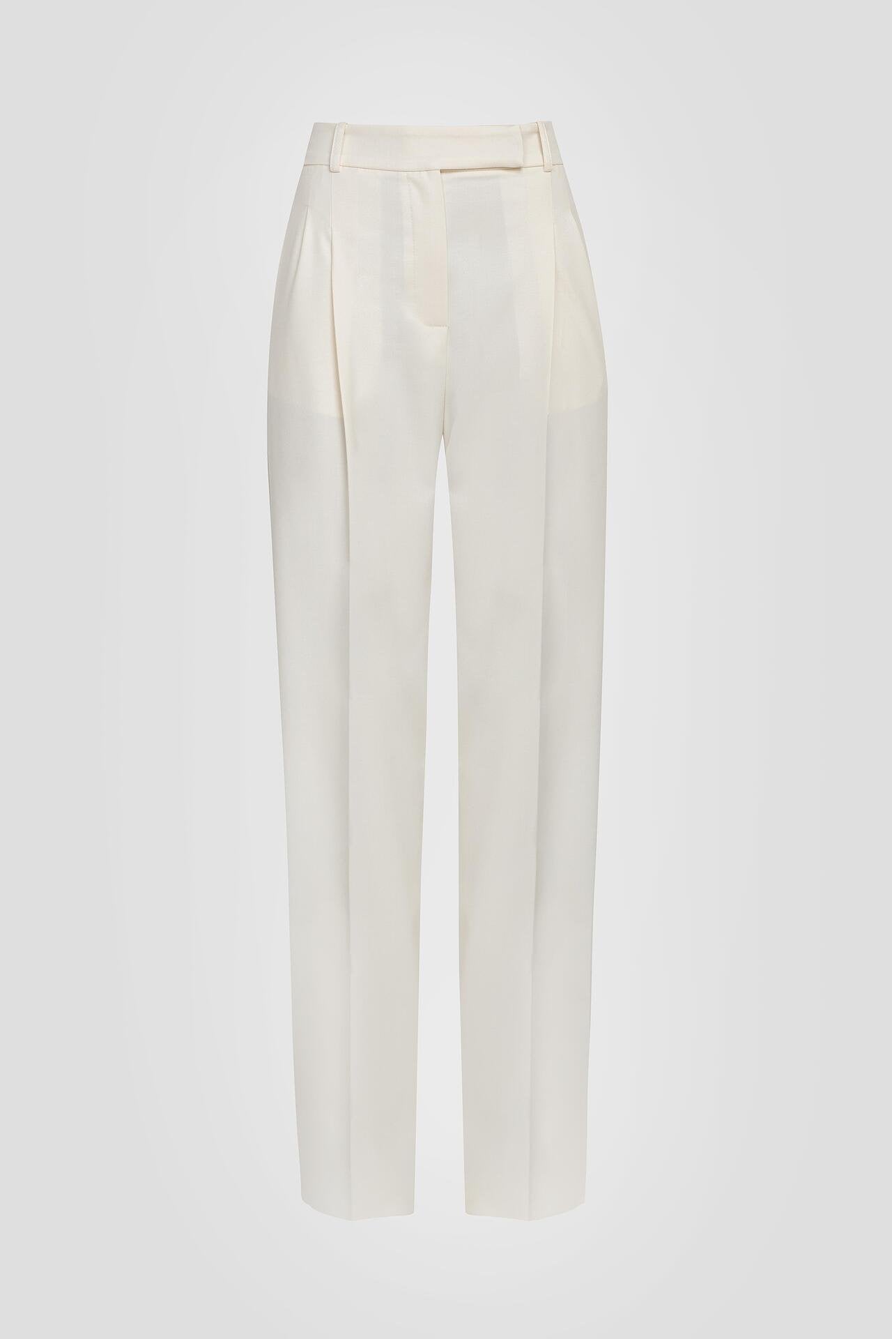 Ecru Wide-Leg Pleated Trousers