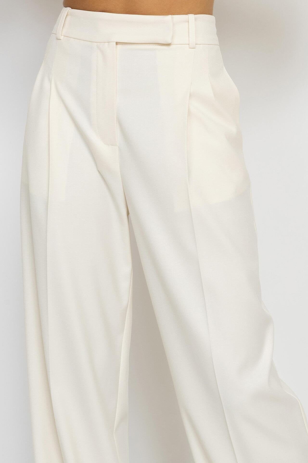 Ecru Wide-Leg Pleated Trousers