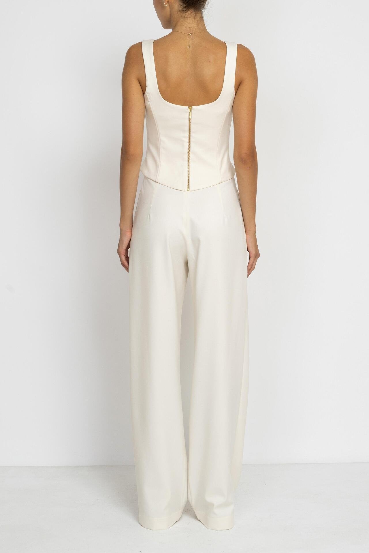 Ecru Wide-Leg Pleated Trousers