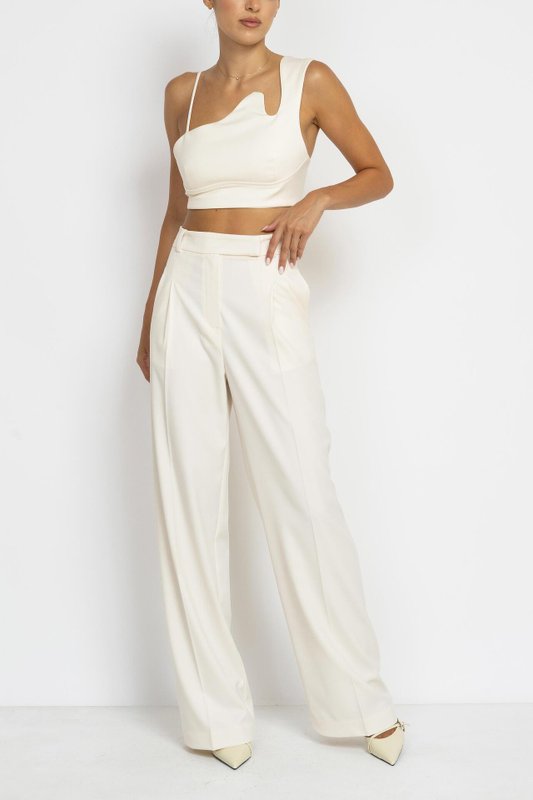 Ecru Wide-Leg Pleated Trousers