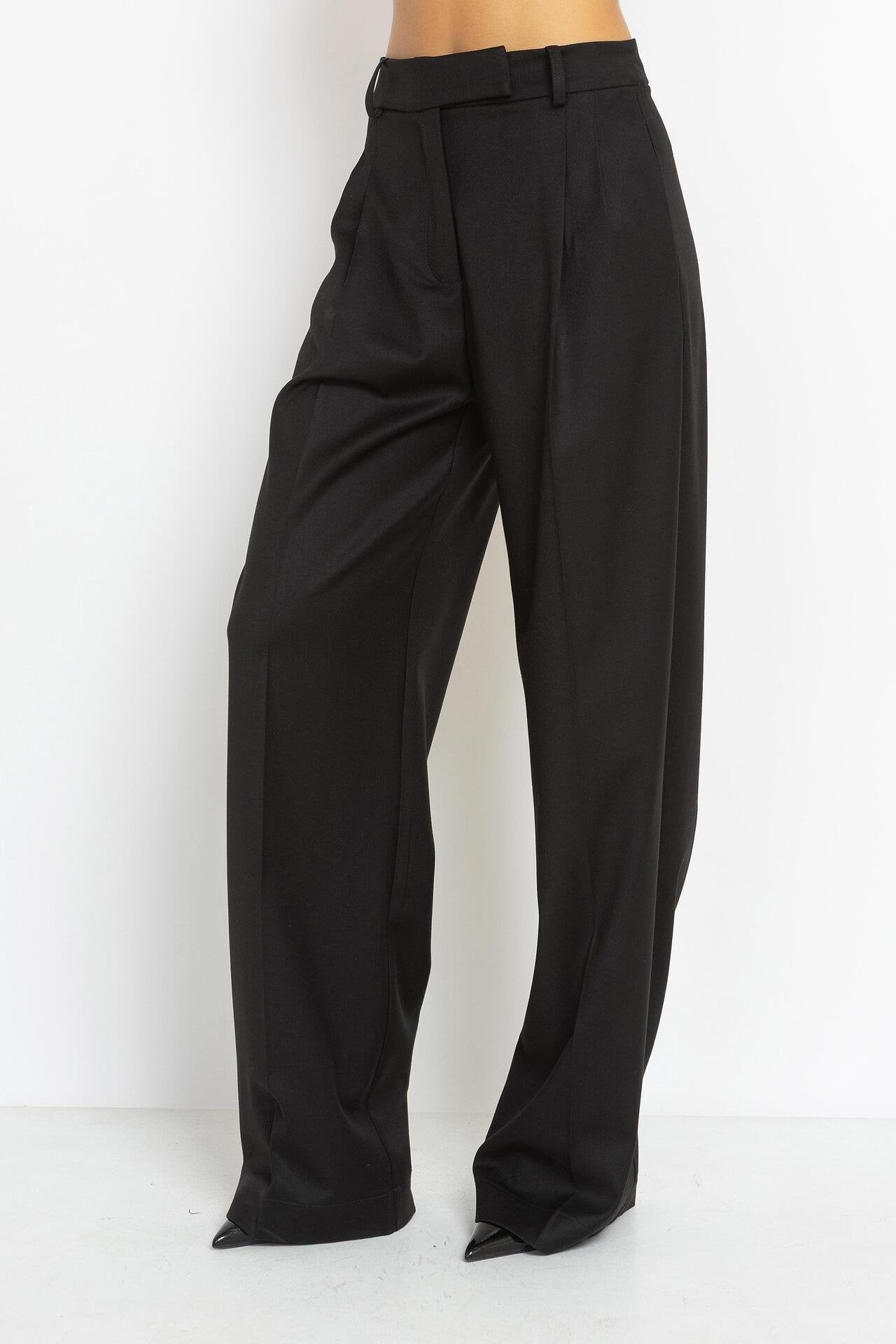 Wide-Leg Pleated Trousers in Black