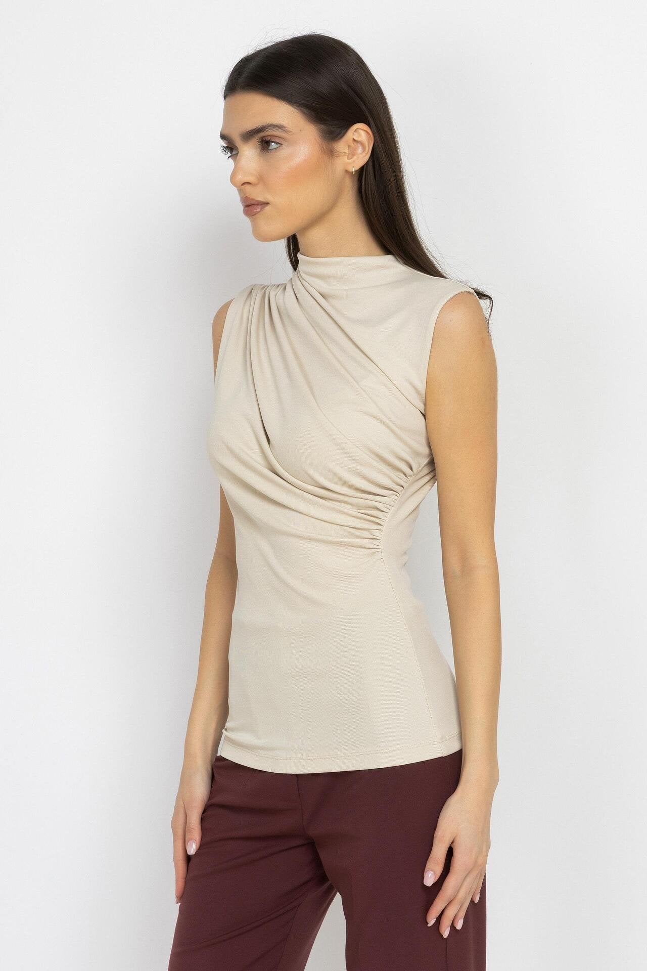 Draped Ecru Asymmetric Top