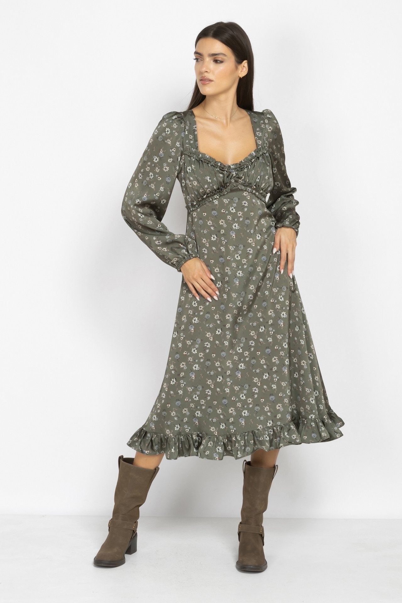 Green Floral Midi Dress with Puff Sleeves