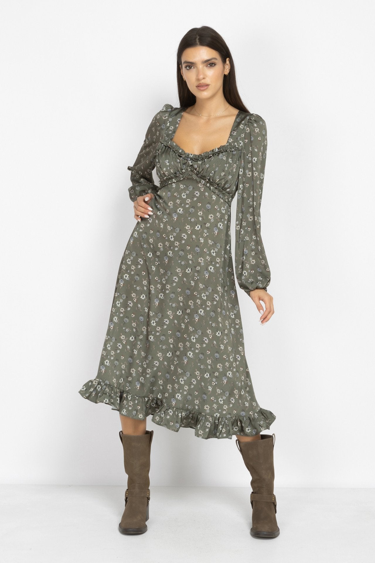 Green Floral Midi Dress with Puff Sleeves