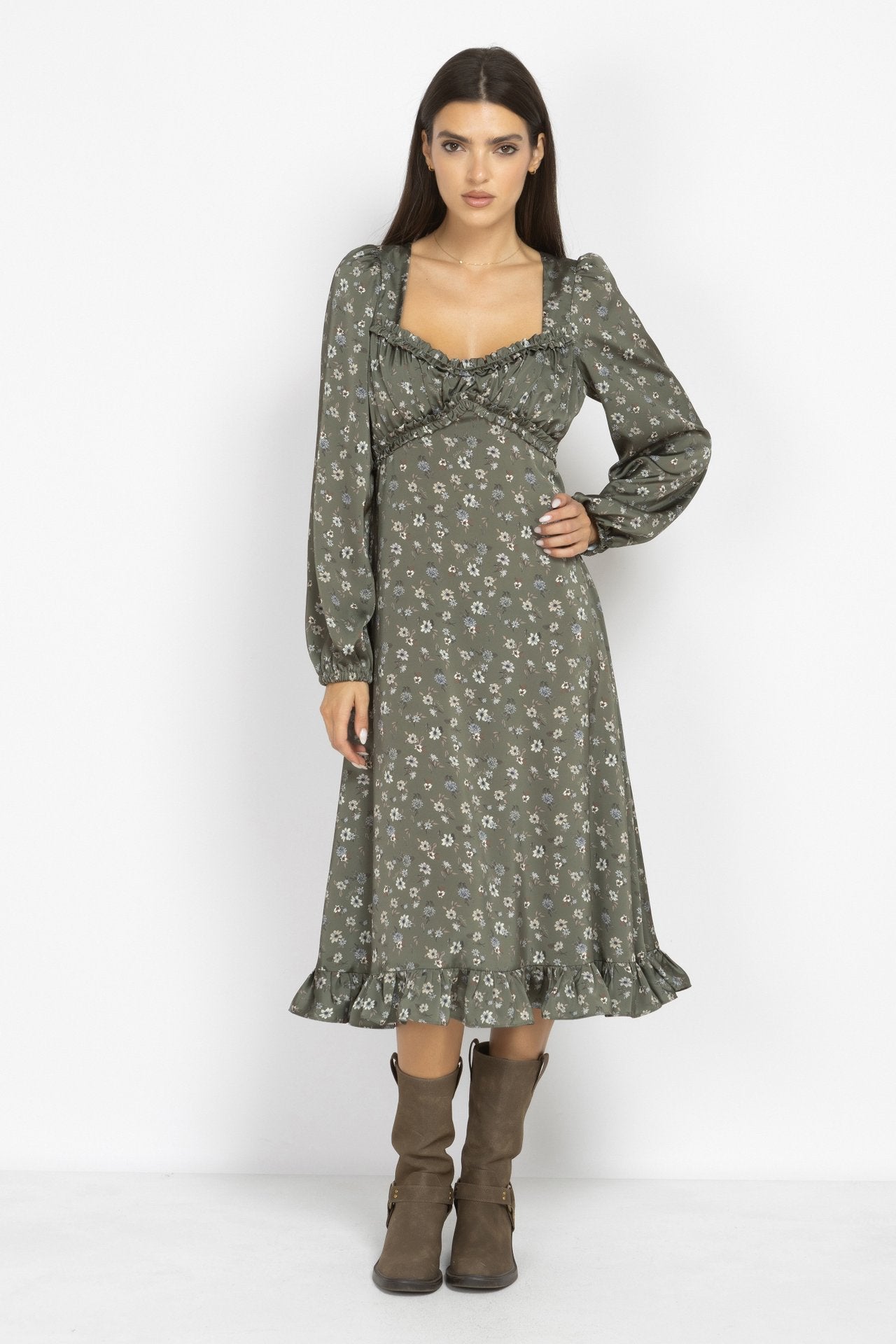 Green Floral Midi Dress with Puff Sleeves