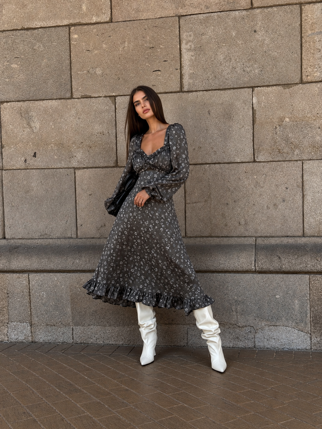 Green Floral Midi Dress with Puff Sleeves