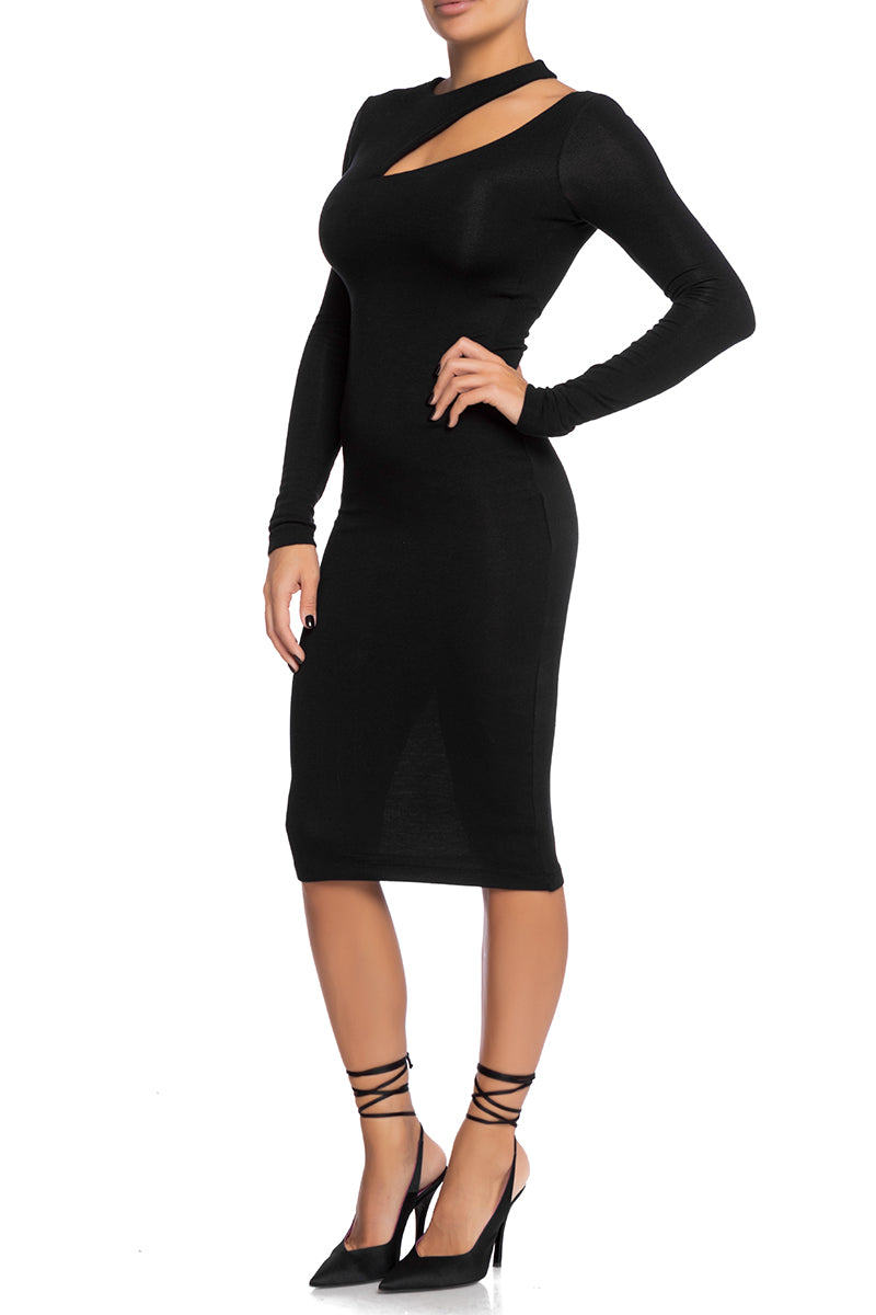 Black Cut Out Knit Midi Bodycon Dress