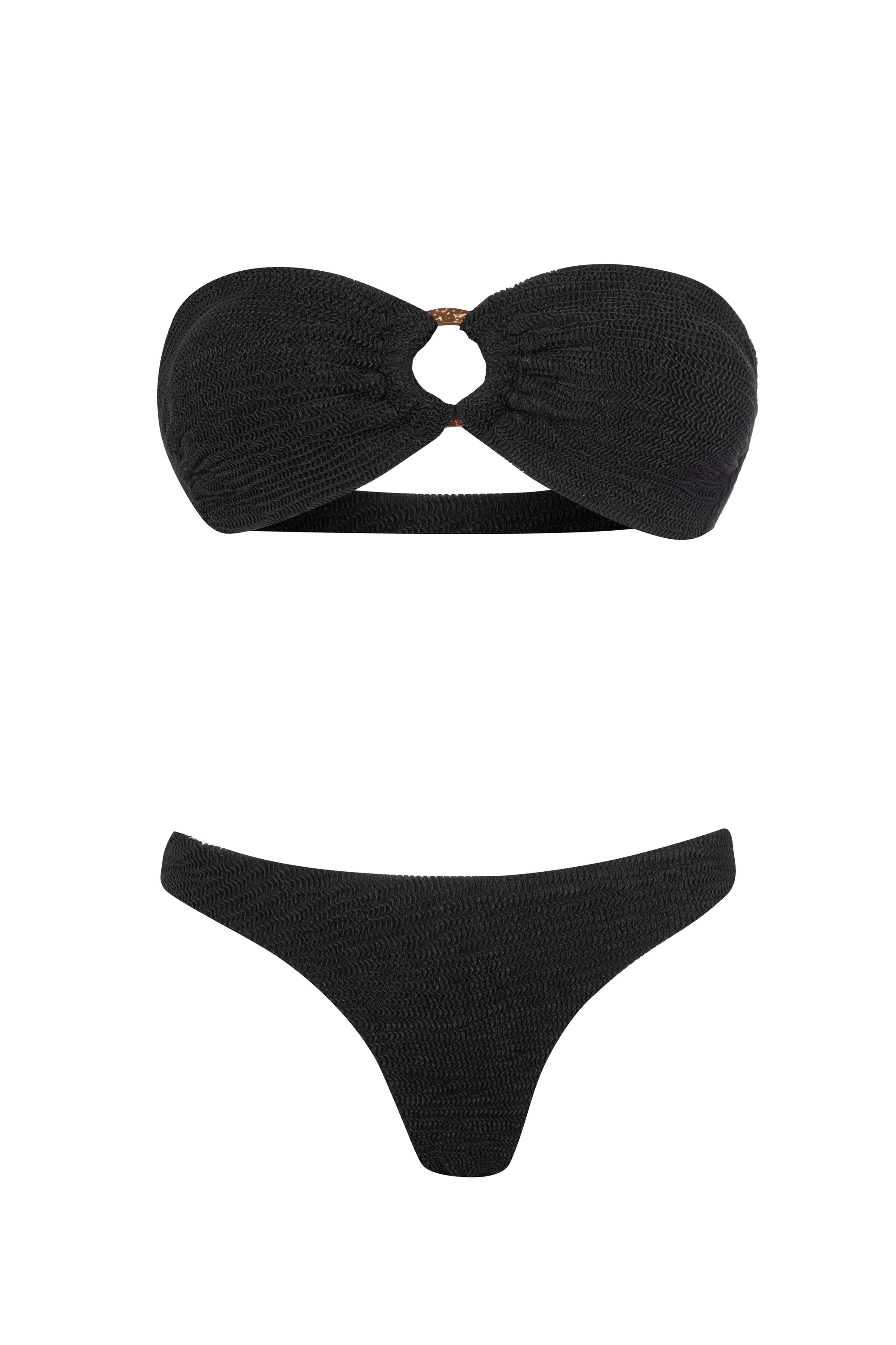 Leyla Black crinkle bandeau bikini set with ring front
