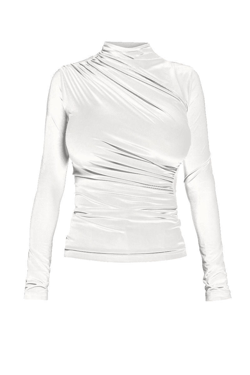Asymmetric Ruched long sleeved top in white