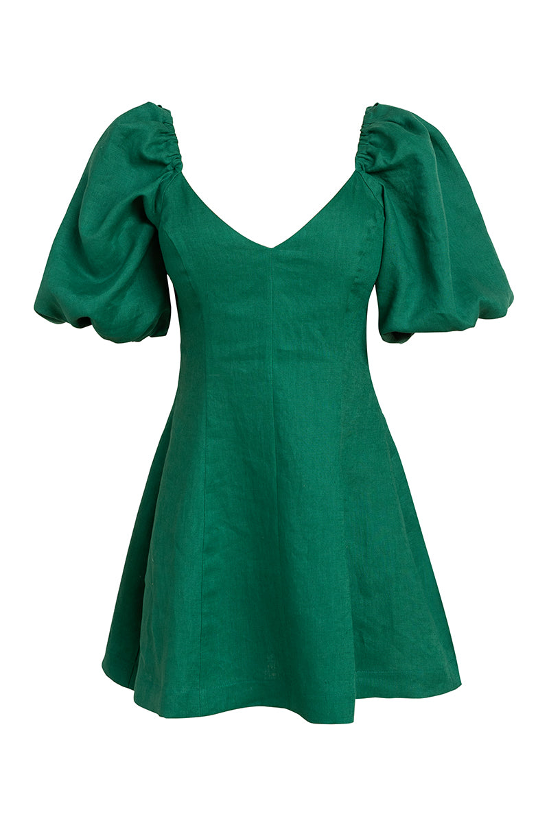 Puff sleeve linen dress in green