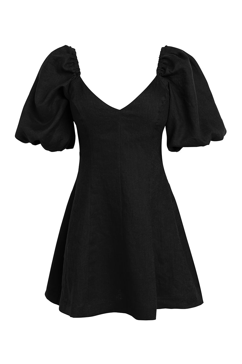 Puff sleeve linen dress in black