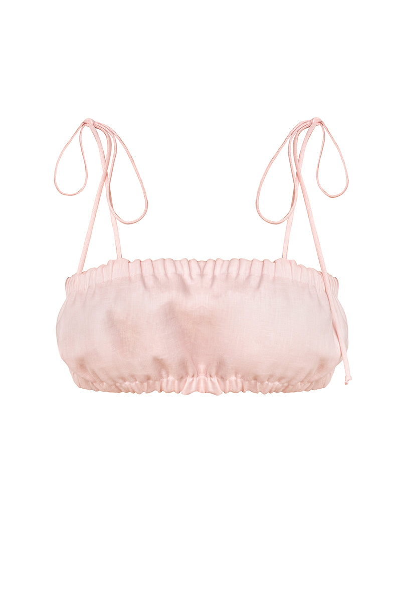 Spaghetti strap rushed linen crop top in pink