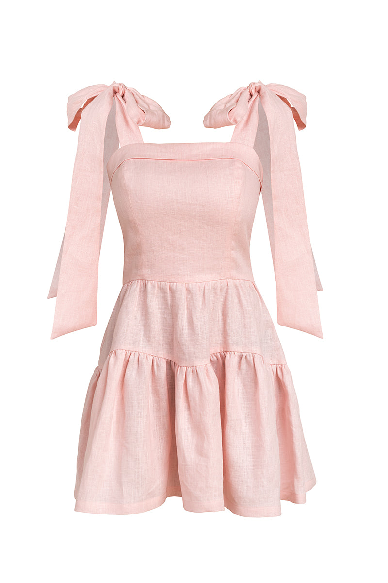 Linen Frill Tie Shoulder Mini Dress in pink
