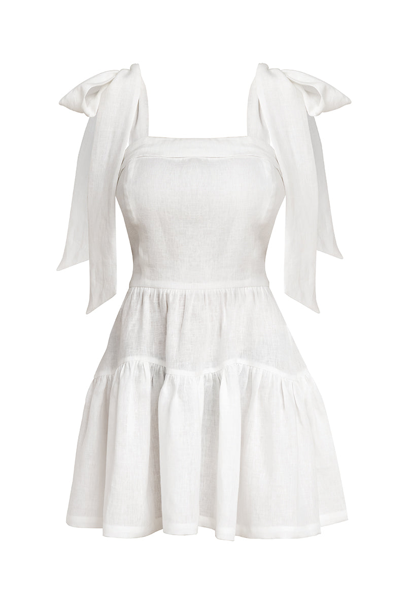 Linen Frill Tie Shoulder Mini Dress in white