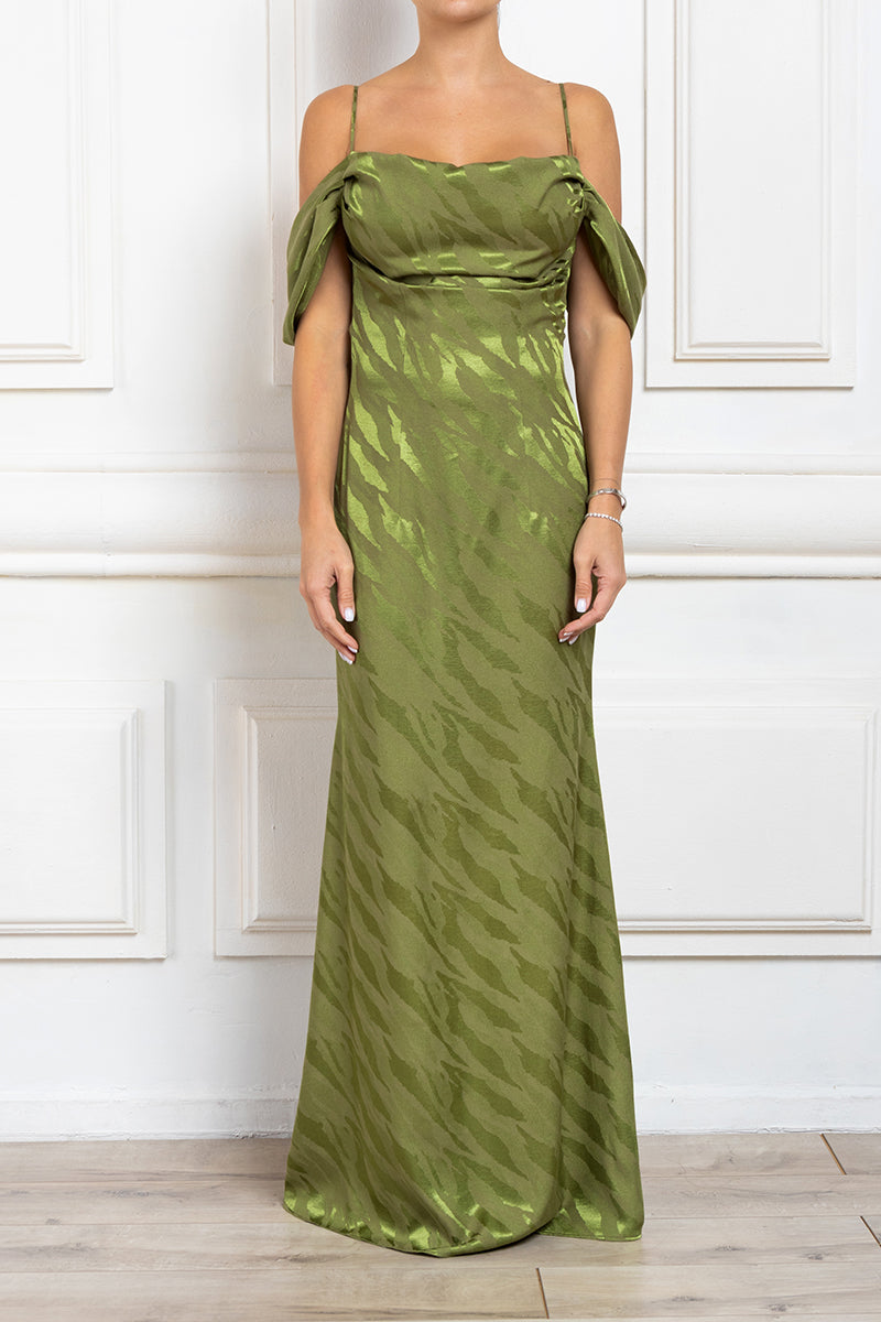 Cowl-neck off shoulder maxi satin dress in green Cowl-neck off shoulder maxi satin dress in green