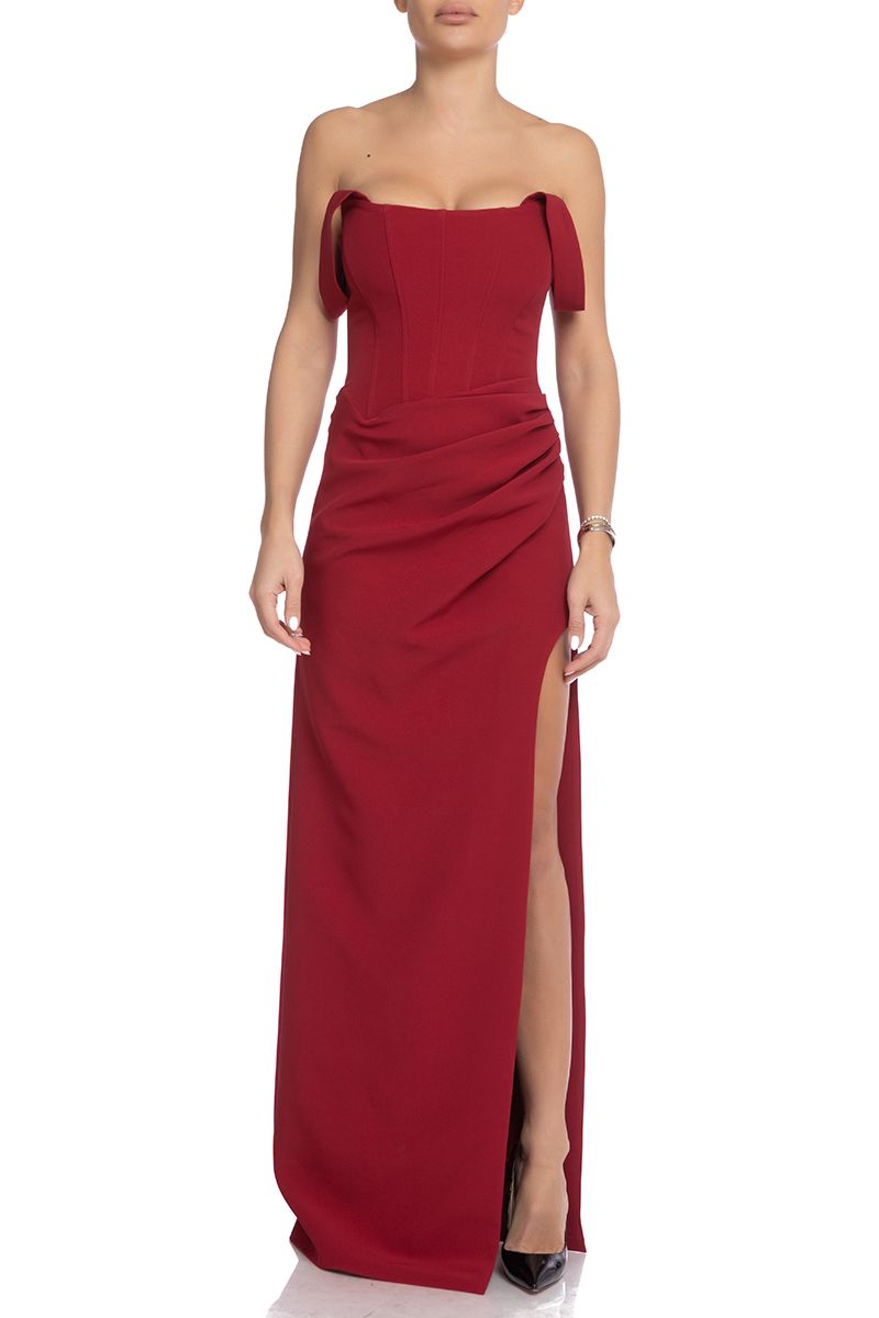 Red Maxi High Slit Off Shoulder Corset Dress